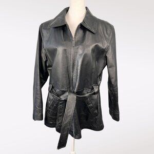 Timothy Daniels Black Genuine Leather Jacket Full Zip Belt Size Medium